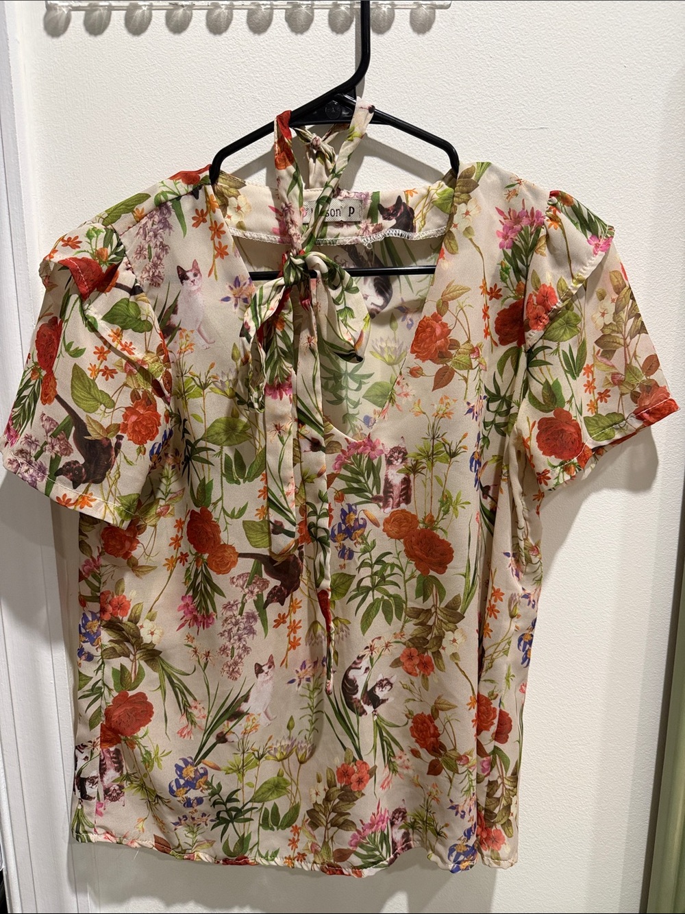 kitson Cream Floral Tie-Neck Short Sleeve Blouse with Red & Green Accents